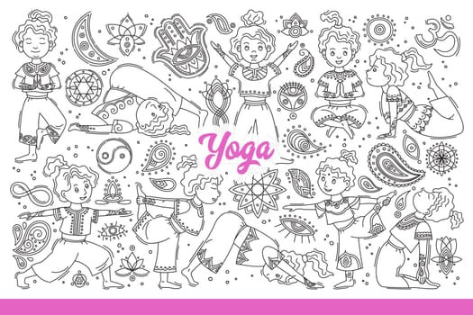 Yoga performed by young girl taking different positions for meditation or stretching. Buddhist yoga practices to achieve spiritual harmony and balance or cleanse chakra. Hand drawn doodle