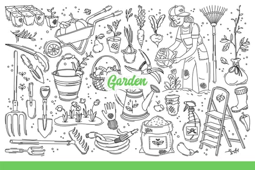 Garden equipment and seeds for planting plants and flowers in your backyard. Tools for farmer who owns vegetable garden and brings in autumn harvest of organic fruits. Hand drawn doodle