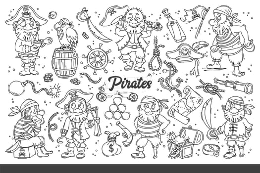 Pirates robbers sailing on ships along with weapons and looted treasures. Pirates living in corib sea near barrels of rum and parrots or ancient maps and cannons. Hand drawn doodle