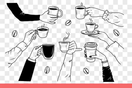 Hands with mugs of hot coffee made from natural grains to invigorate and gain energy. People drink americano or cappuccino with late coffee drinks, taking break from work. Hand drawn doodle