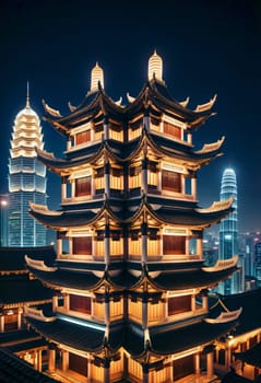 AI generated of a chinese pagoda in the middle of a city at night