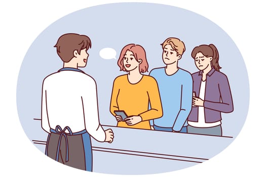 Leisurely woman talking to cashier ignoring queue of customers in cafe or grocery store forced to waste time. Man waiter cashier serving customers nervous due to long waiting in line