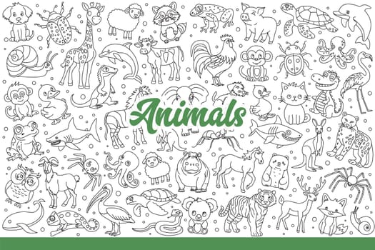 Wild animals and insects or reptiles living in forest near marine creatures swimming in sea. Evil and good animals inhabiting different countries and climates or zoos. Hand drawn doodle