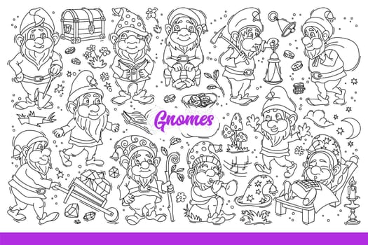 Funny gnomes from fairy-tale universe resting or mining for precious stones. Adventures of gnomes walking and growing plants in garden or playing musical trumpet. Hand drawn doodle