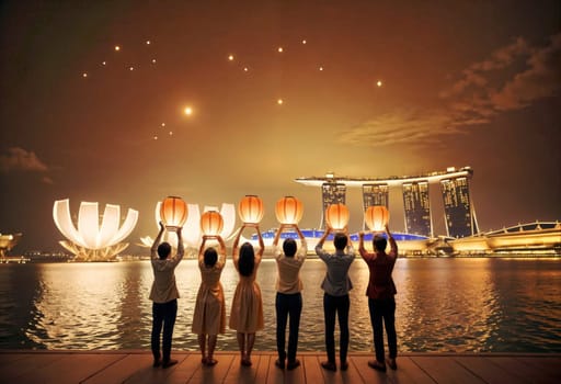 AI generated of six people holding up paper lanterns in front of a city skyline