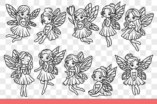 Cute fairies with wings from fairy tales for children about good princesses. Hand drawn doodle