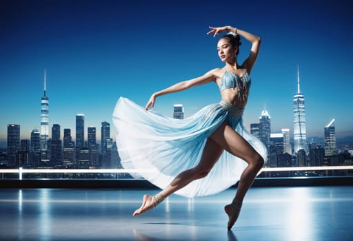 AI generated of a beautiful ballerina in a blue dress with the city skyline in the background