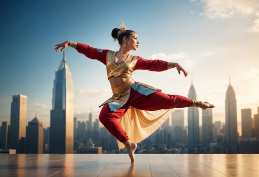 AI generated of a woman in singapore traditional costume dancing in front of the city