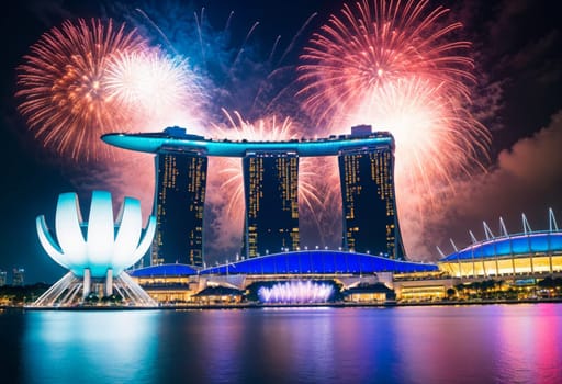 AI generated of fireworks light up the sky over the marina bay