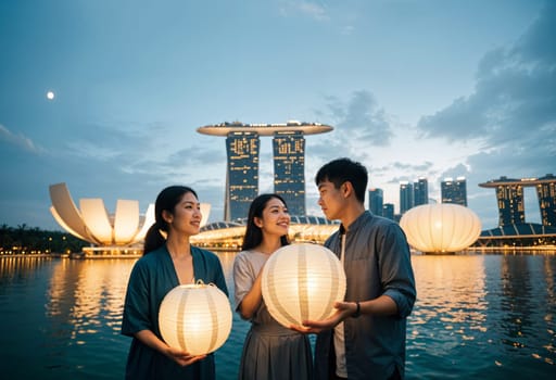 AI generated of asian friends holding paper lanterns in front of marina bay sands
