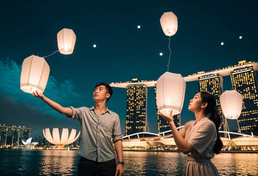 AI generated of a couple holding up paper lanterns in front of the marina bay skyline