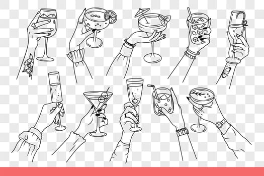 Glasses with cocktails and drinks in female hands who bought cold alcoholic drink at bar. Delicious cocktails with pieces of fruit and mint leaves for partygoers in nightclub. Hand drawn doodle