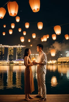 AI generated of couple in singapore with paper lanterns with marina bay in the background