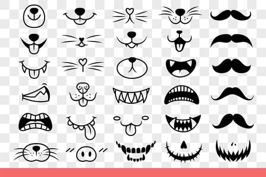Animal faces with mouths showing different emotions and mustaches of various shapes. Teeth and fangs of angry creatures near smiling faces of pets rejoicing in presence of owner. Hand drawn doodle