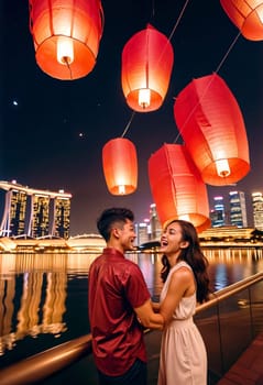 AI generated of a couple is standing on a bridge with red lanterns floating above them