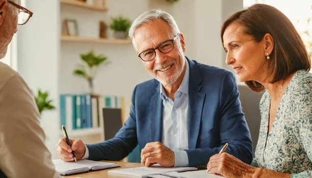 Senior couple signing important documents in a modern office setting. The elderly man and woman are smiling and appear engaged in a professional business meeting.
