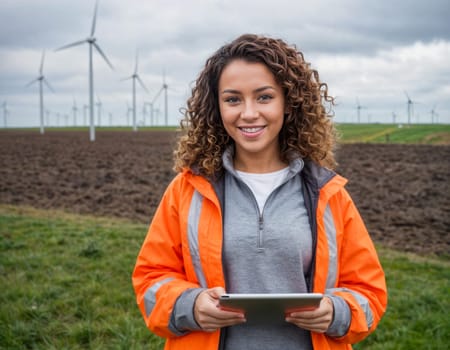 Young female engineer with curly hair holding a tablet, standing in a wind farm with turbines in the background. She is wearing an orange safety jacket and smiling.