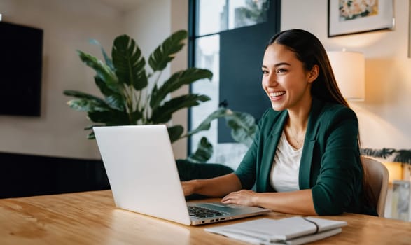 Young woman smiling and working on a laptop in a modern office setting with plants in the background.
