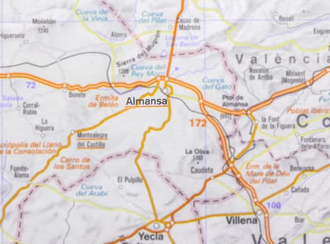 Almansa city on map, Castile–La Mancha, Spain. Selective focus over name