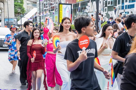 Bangkok, Thailand - JUN 1, 2024 Bangkok Pride Festival 2024, The short action and atmosphere of people joins celebrations in the event in Siam Square Bangkok, Thailand. Gender diversity There is no division of age, race or religion.