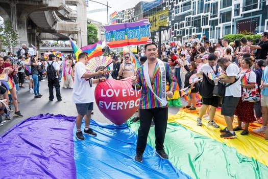Bangkok, Thailand - JUN 1, 2024 Bangkok Pride Festival 2024, The short action and atmosphere of people joins celebrations in the event in Siam Square Bangkok, Thailand. Gender diversity There is no division of age, race or religion.