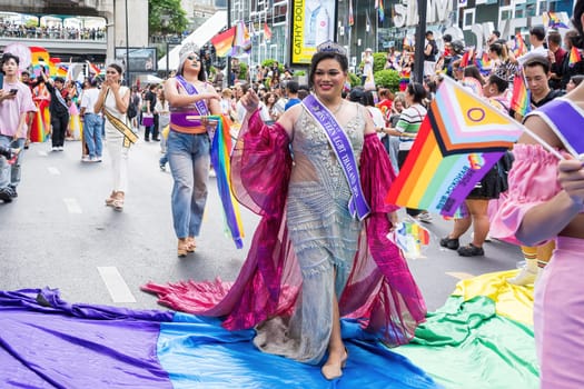 Bangkok, Thailand - JUN 1, 2024 Bangkok Pride Festival 2024, The short action and atmosphere of people joins celebrations in the event in Siam Square Bangkok, Thailand. Gender diversity There is no division of age, race or religion.