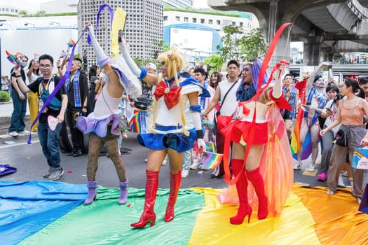 Bangkok, Thailand - JUN 1, 2024 Bangkok Pride Festival 2024, The short action and atmosphere of people joins celebrations in the event in Siam Square Bangkok, Thailand. Gender diversity There is no division of age, race or religion.