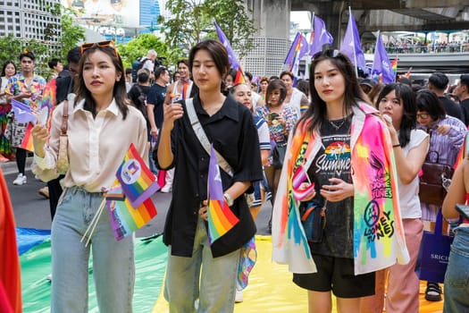Bangkok, Thailand - JUN 1, 2024 Bangkok Pride Festival 2024, The short action and atmosphere of people joins celebrations in the event in Siam Square Bangkok, Thailand. Gender diversity There is no division of age, race or religion.