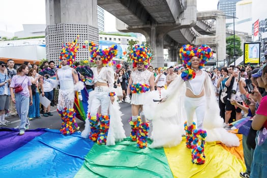 Bangkok, Thailand - JUN 1, 2024 Bangkok Pride Festival 2024, The short action and atmosphere of people joins celebrations in the event in Siam Square Bangkok, Thailand. Gender diversity There is no division of age, race or religion.
