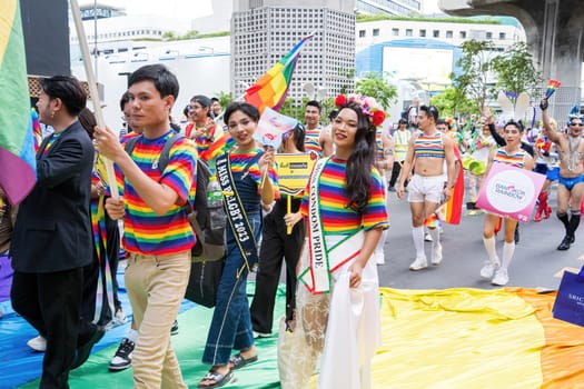 Bangkok, Thailand - JUN 1, 2024 Bangkok Pride Festival 2024, The short action and atmosphere of people joins celebrations in the event in Siam Square Bangkok, Thailand. Gender diversity There is no division of age, race or religion.