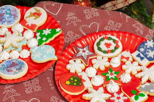 Christmas biscuits baked, decorated with traditional taste. Selective focus with shallow depth of field.