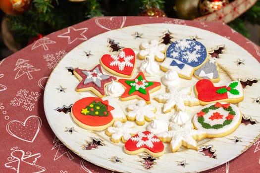Christmas biscuits baked, decorated with traditional taste. Selective focus with shallow depth of field.