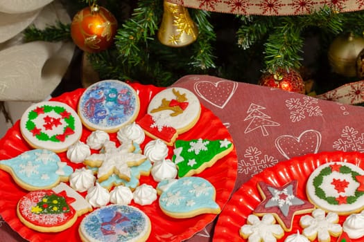 Christmas biscuits baked, decorated with traditional taste. Selective focus with shallow depth of field.