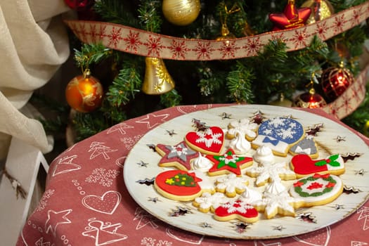 Christmas biscuits baked, decorated with traditional taste. Selective focus with shallow depth of field.