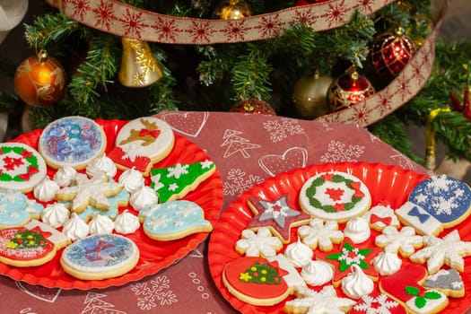 Christmas biscuits baked, decorated with traditional taste. Selective focus with shallow depth of field.