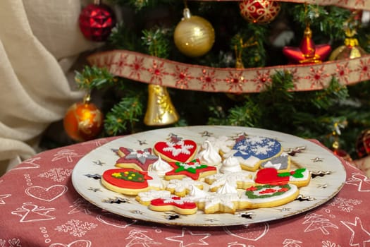 Christmas biscuits baked, decorated with traditional taste. Selective focus with shallow depth of field.