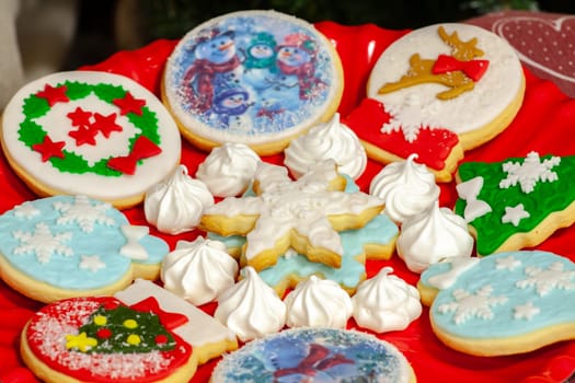 Christmas biscuits baked, decorated with traditional taste. Selective focus with shallow depth of field.