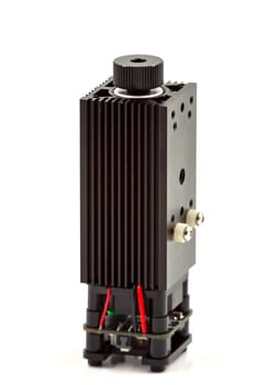 Modular head for CNC laser cutting for DIY machine on a white background. Selective focus with shallow depth of field.