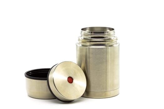 Stainless steel thermos for storing food and drinks, on a white background