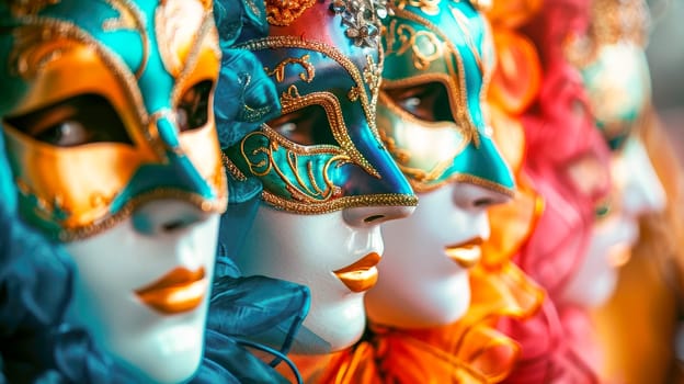 Group of people in masquerade carnival masks. Close-up of people  wearing colorful venetian mask. AI generated