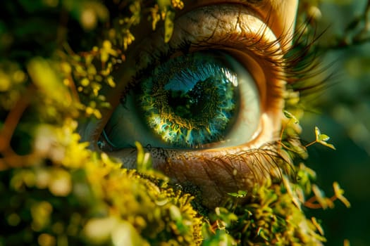 An eye with plants around it, close-up view. Environment and wellness concept. AI generated