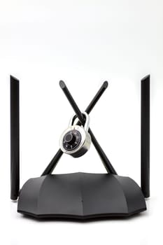 Home dual band gigabit wifi router transmitting high speed internet.Selective focus with shallow depth of field.