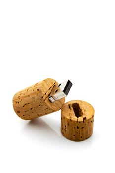 A USB stick made to look like a cork stopper to seal a wine bottle.Selective focus with shallow depth of field.