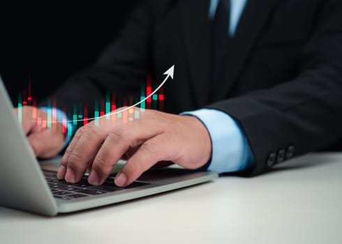 Stock market, Business growth, progress or success concept. Businessman or trader is showing a growing virtual hologram stock, invest in trading.