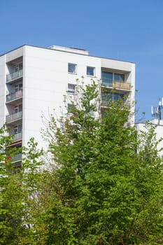 Modern, white residential building in spring, Hamburg, Germany