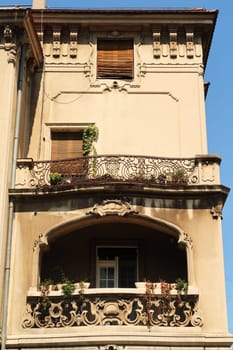 Facade of an old Art Nouveau building with two beautiful balconies in the city center of Belgrade, Serbia 2022