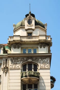 Facade, tower with balconies and roof of the Ruski Car, Russian Tsar building, a residential and commercial building with Neo-Baroque and Art Nouveau elements in the city center of Belgrade, Serbia 2022