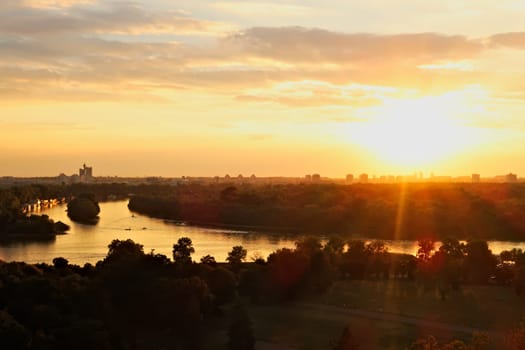 Spectacular view from the Kalemegdan Fortress over the Danube River at sunset, Belgrade, Serbia 2022