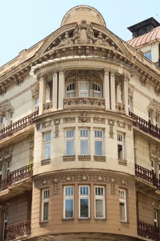 An elaborate corner, bay window of the facade of the Serbian Academy of Sciences and Art, an example of Art Nouveau architecture in the city center of Belgrade, Serbia 2022