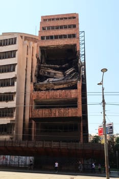 Destroyed Ministry of Defence building bombed by the NATO in the city center of Belgrade, Serbia 2022
